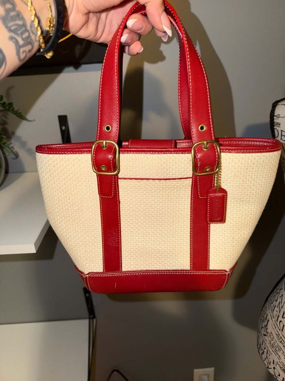 Coach B3K-8909 Straw and Red Leather Tote Bag
